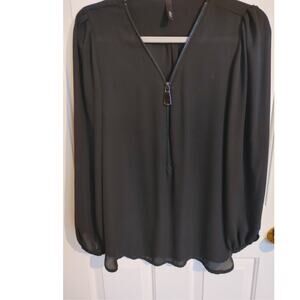 Elon Blouse Top Puff Sleeve Zipper Details Black Semi Sheer Medium